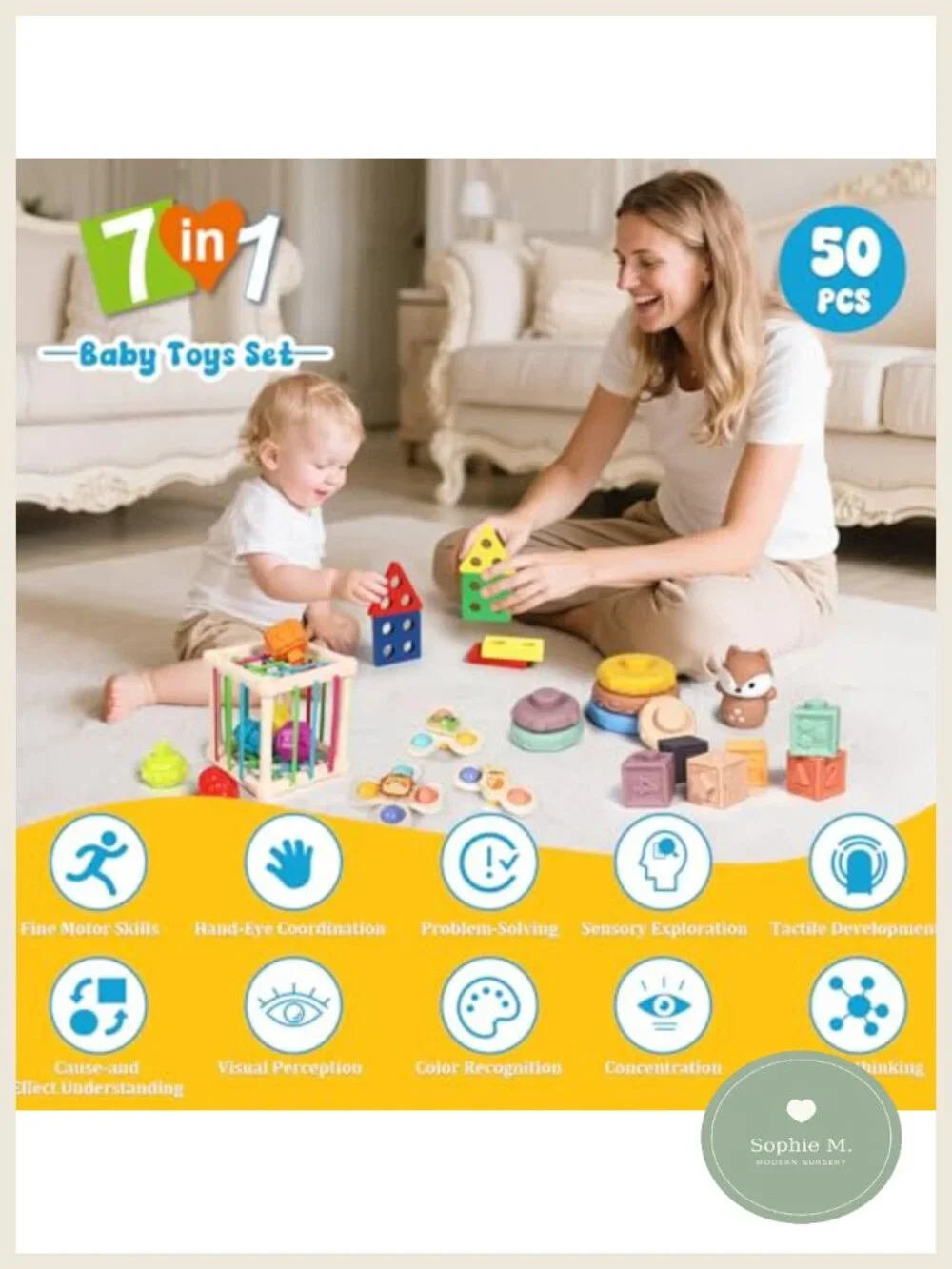 Montessori 7-in-1 Activity Set for Toddlers | Wooden Sorter, Stacking Blocks &